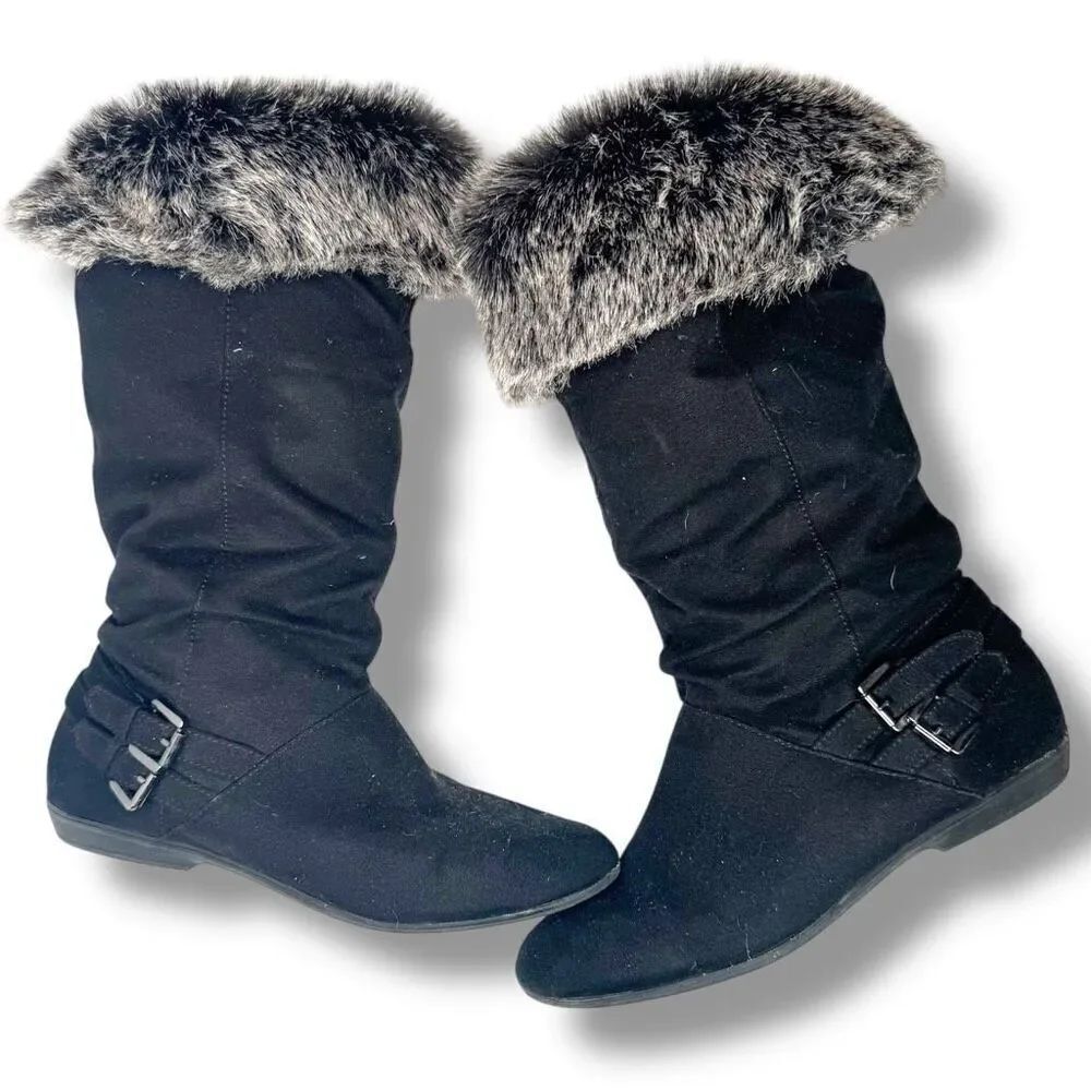 Report Rylie Black Faux Suede Fur Lined Boots Buckles Pull On Women’s Size 8.5